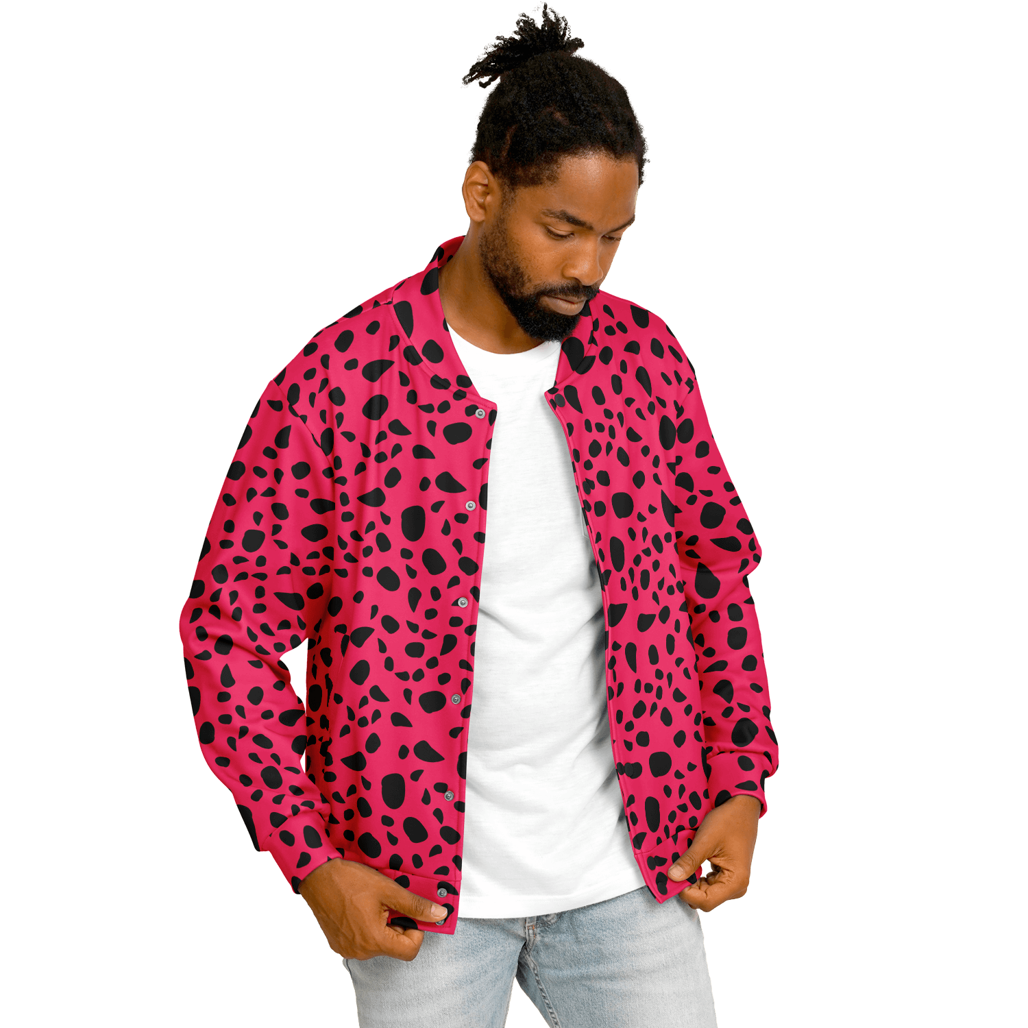Baseball Jacket | Leopard Print in Pink and Black Camo Colors
