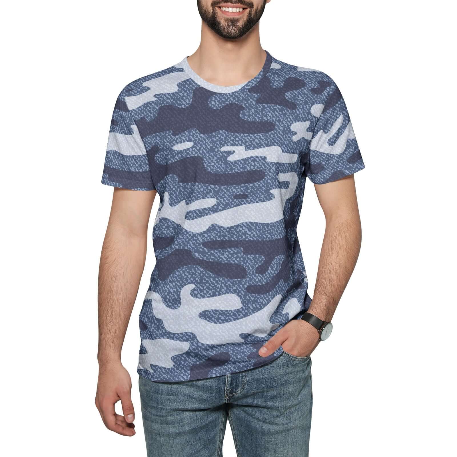 Cotton T-shirt | Blue and White Camouflage Jeans Pattern Camo Colors