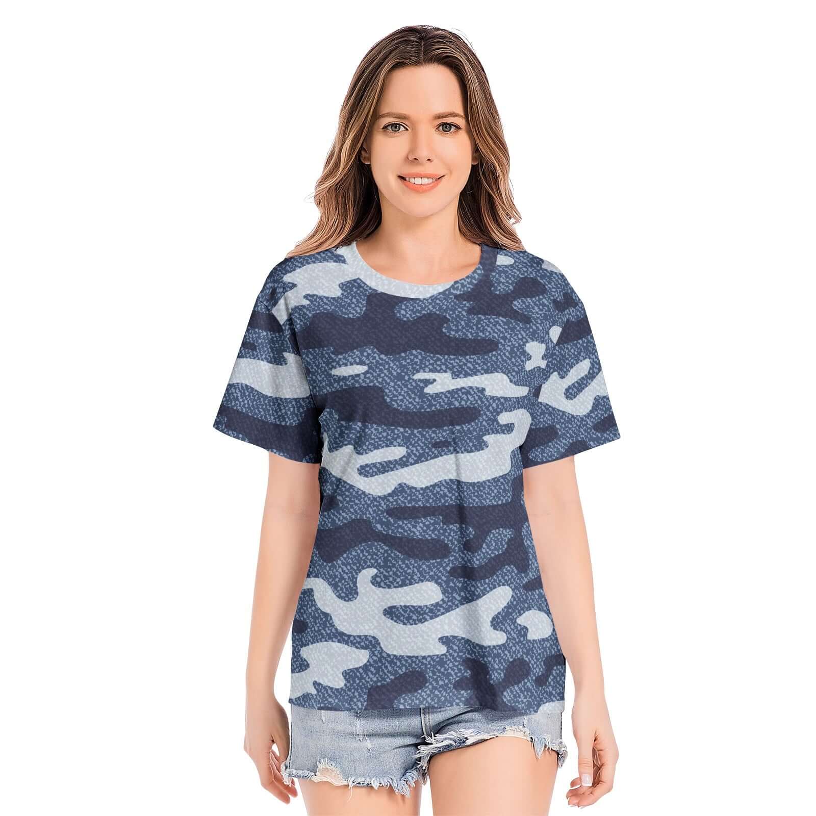 Cotton T-shirt | Blue and White Camouflage Jeans Pattern Camo Colors