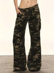 Women's Green Camo Cargo Wide Leg Denim Jeans | Cotton Blend Camo Colors