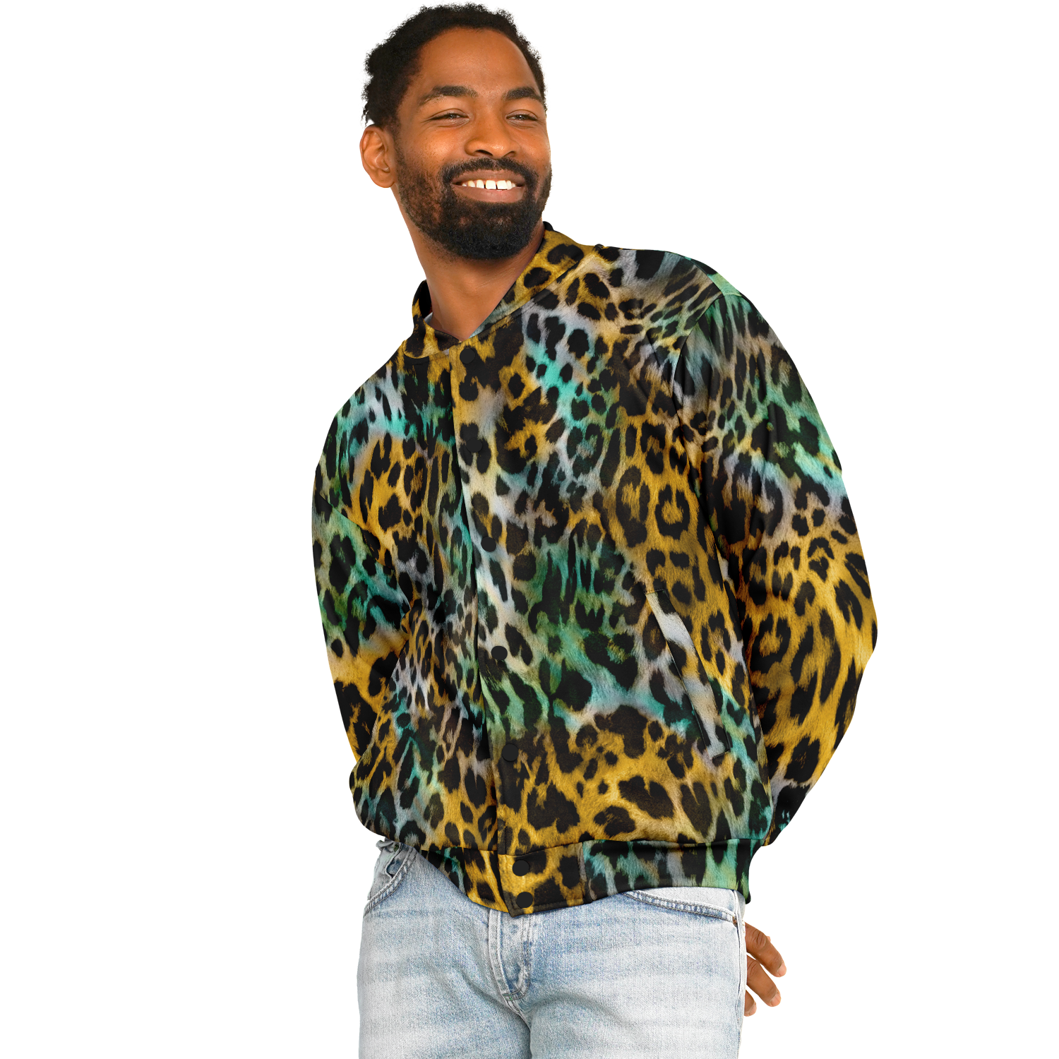 Baseball Jacket in Yellow and Blue Leopard Print Camo Colors