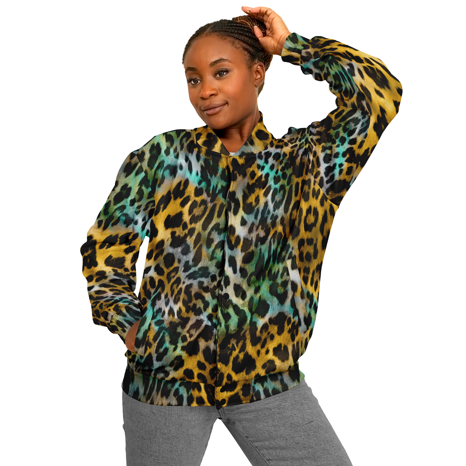 Baseball Jacket in Yellow and Blue Leopard Print Camo Colors