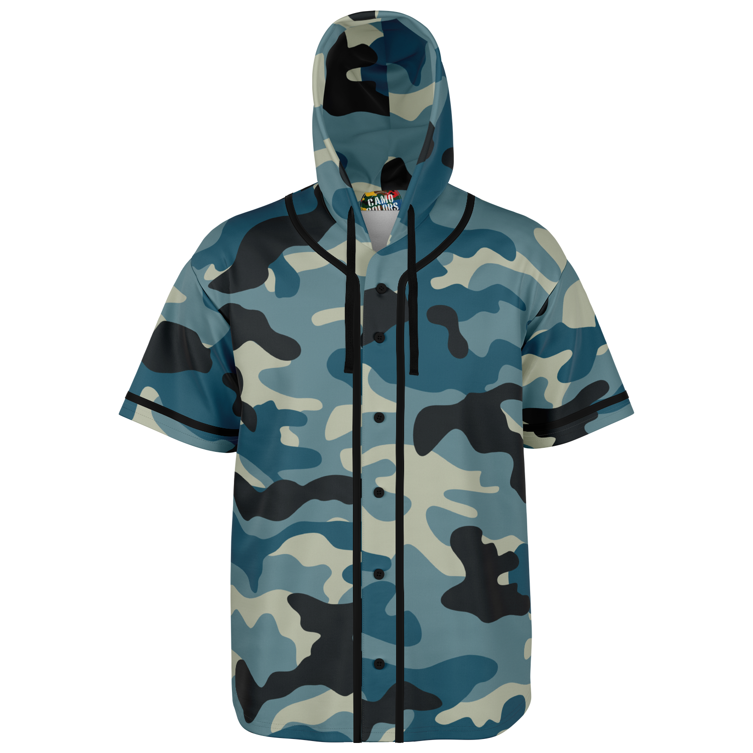 Hooded Baseball Jersey | Blue & Charcoal Camo Print | Camo Colors