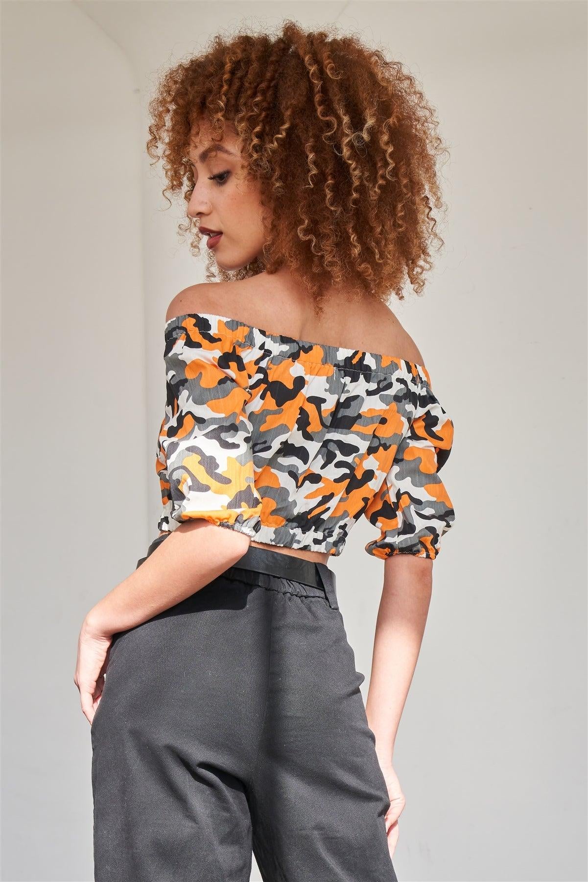 Orange Camo Print off the Shoulder Cargo Crop Top Camo Colors