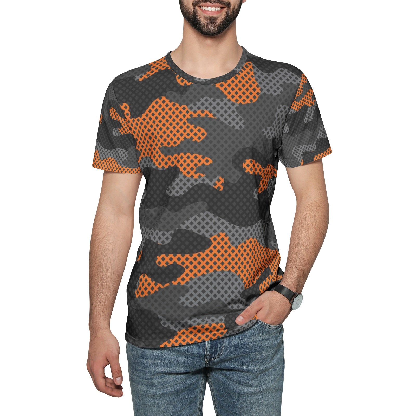 Camo T-shirt | Cotton | Unisex | Orange and Black Pixel Camo Colors