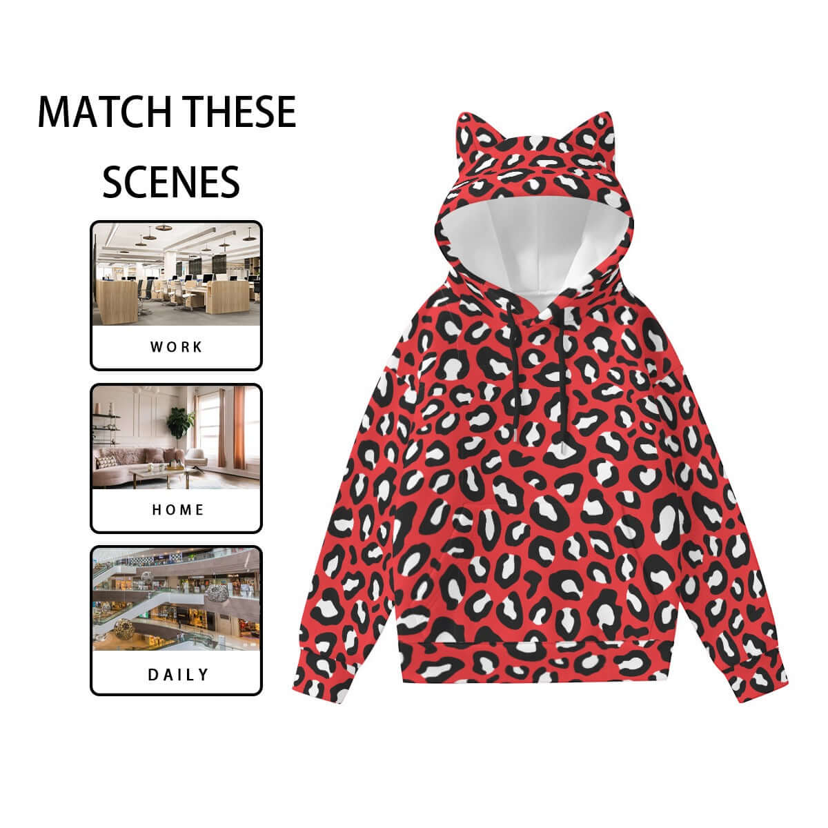 Leopard Hoodie With Cat's Ears | Red, Black and White Camo Colors