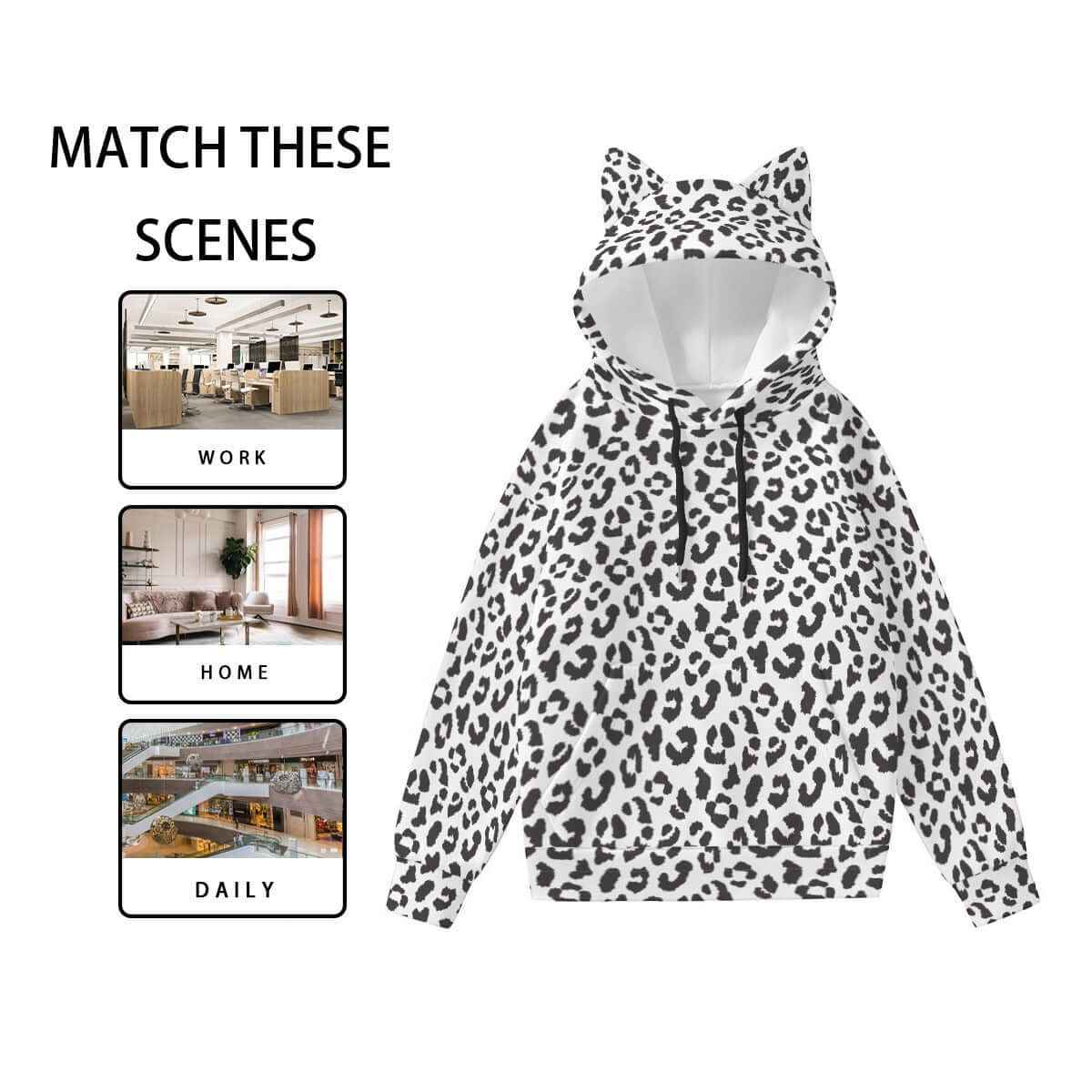 Leopard Hoodie With Cat's Ears | Black and White Camo Colors