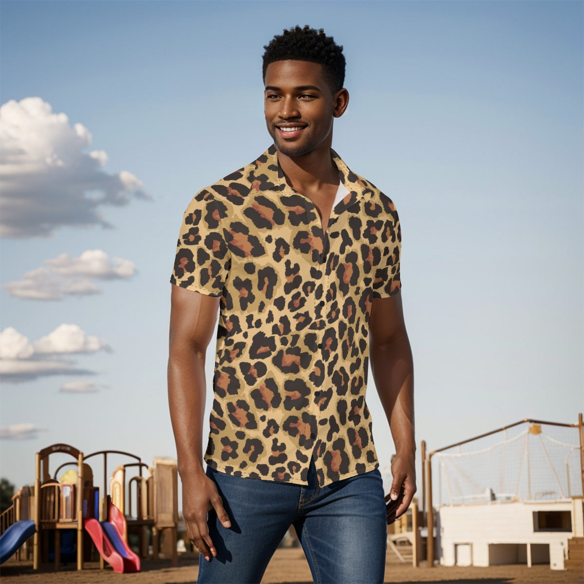 Men's Button-Up Shirt | Brown Leopard Print Camo Colors