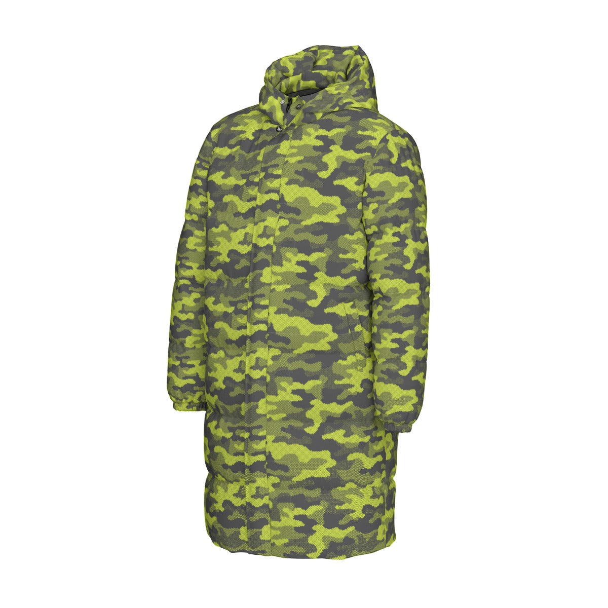 Long Puffer Coat | Unisex | Green Dotted Camouflage Camo Colors