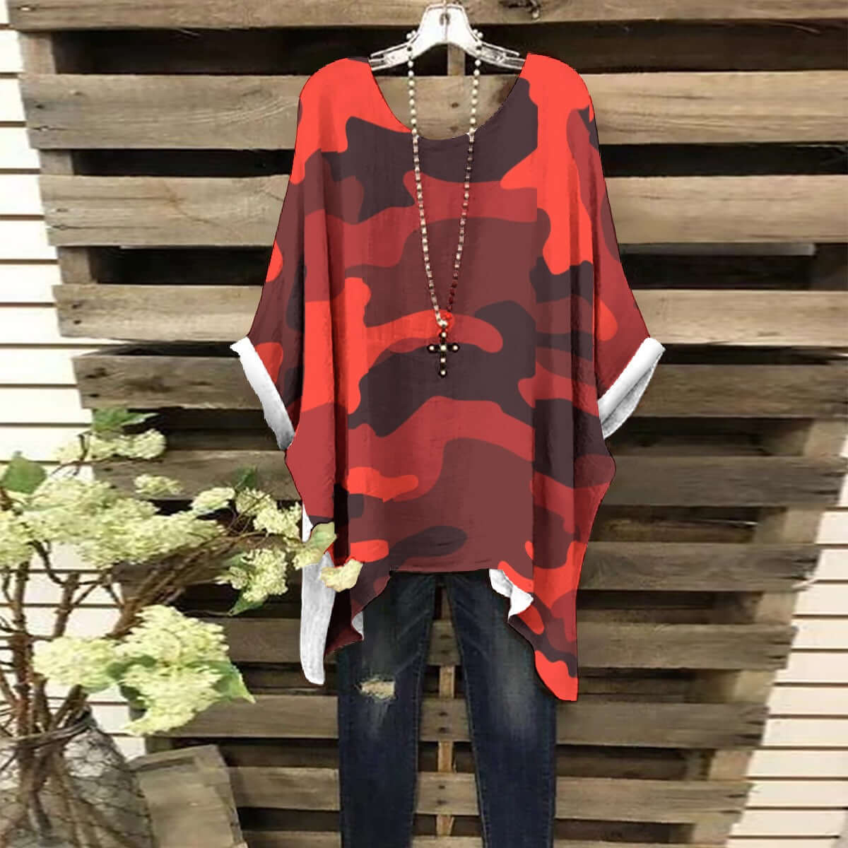Bat Sleeve Shirt | Scarlet Red Camo Print Camo Colors
