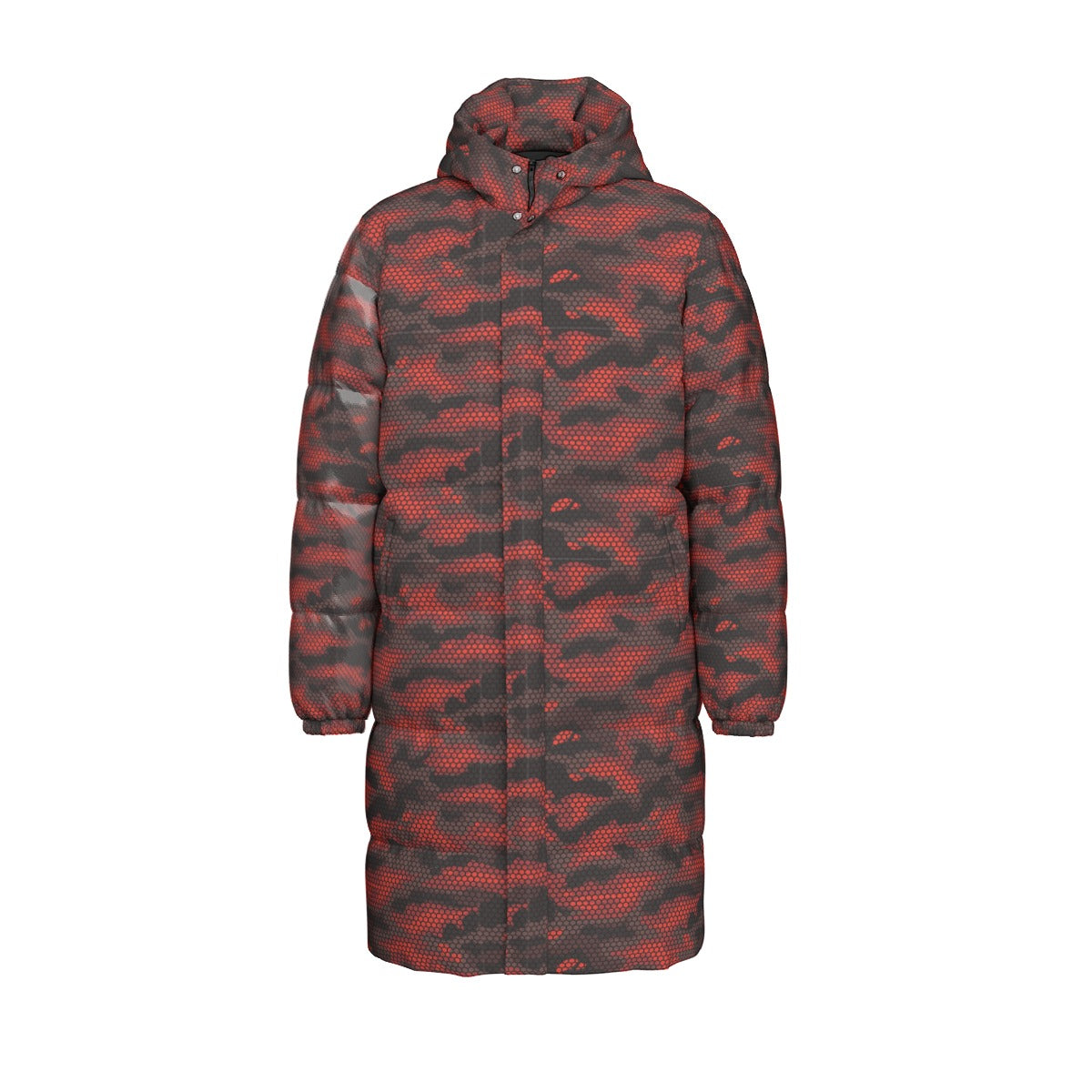 Long Puffer Coat | Unisex | Red Hive Camouflage Camo Colors