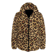 Down Jacket | Leopard Brown and Black Hooded Puffer Camo Colors