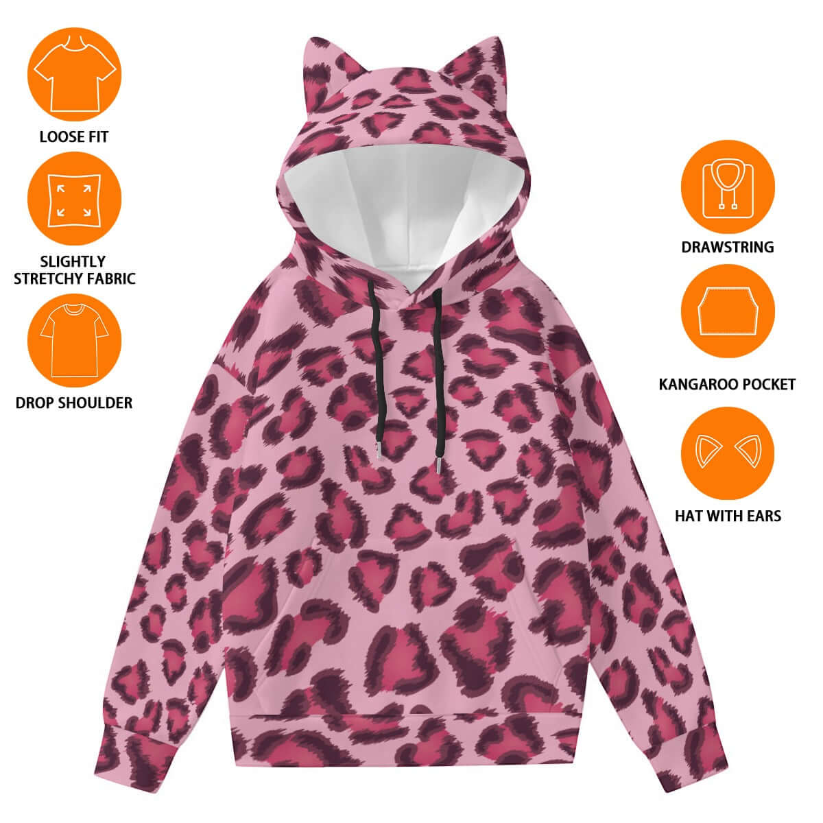 Leopard Hoodie With Cat's Ears | Pink, Cherry and Black Camo Colors