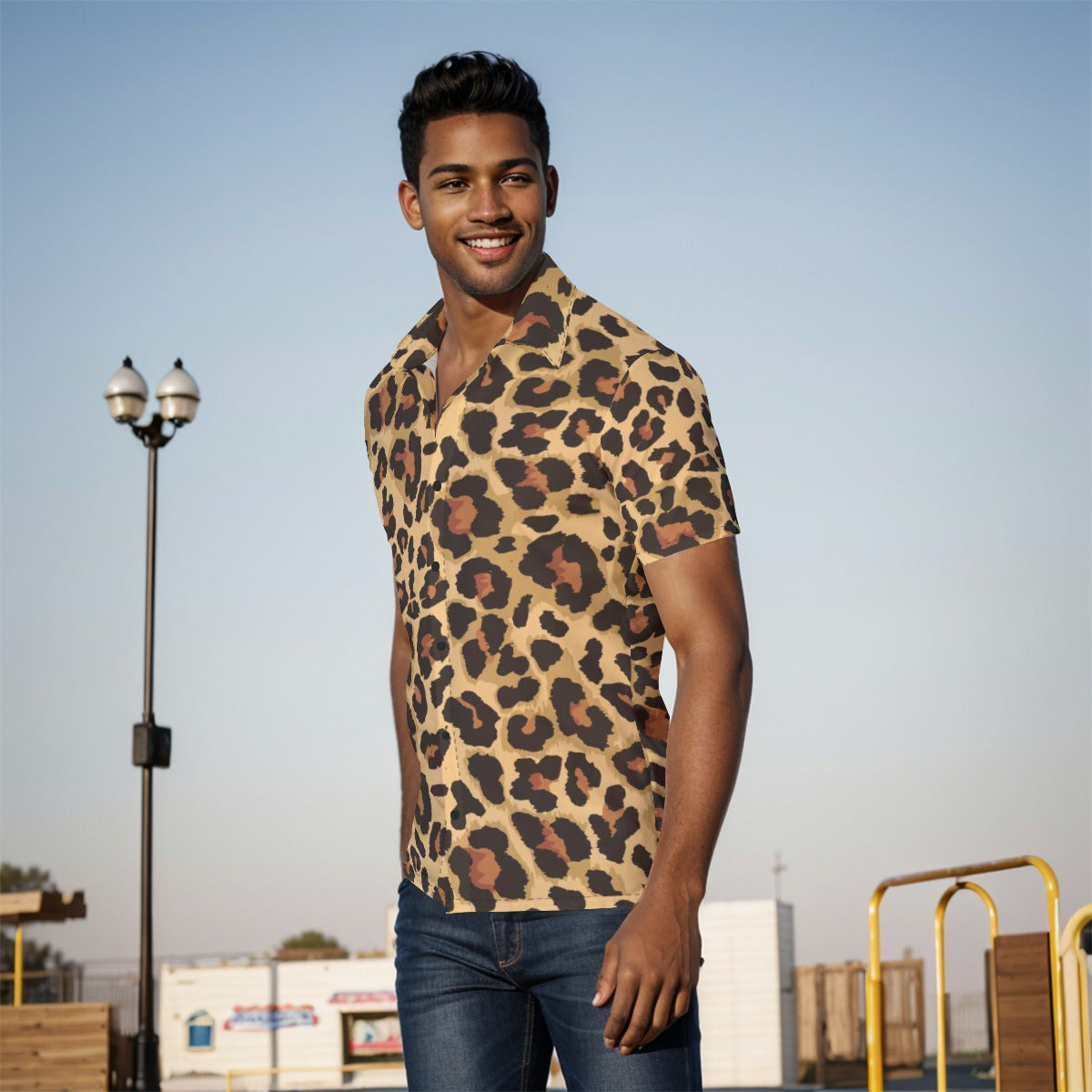 Men's Button-Up Shirt | Brown Leopard Print Camo Colors