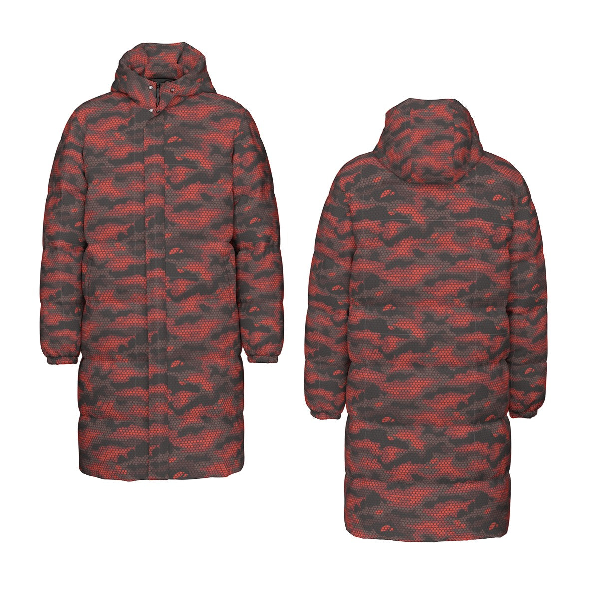 Long Puffer Coat | Unisex | Red Hive Camouflage Camo Colors
