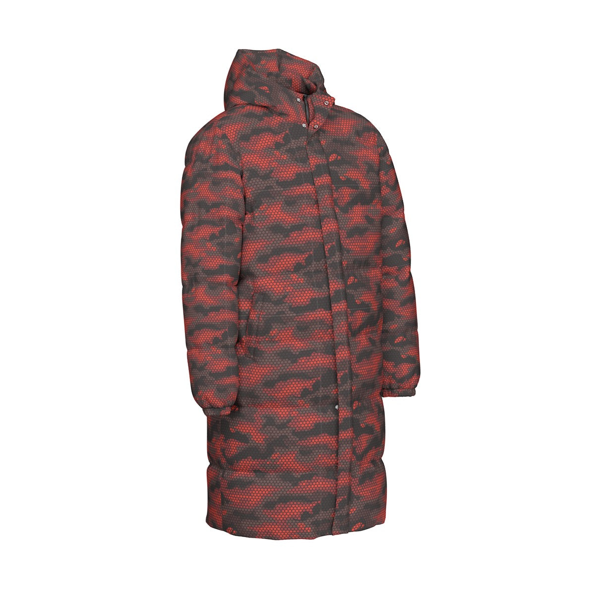 Long Puffer Coat | Unisex | Red Hive Camouflage Camo Colors