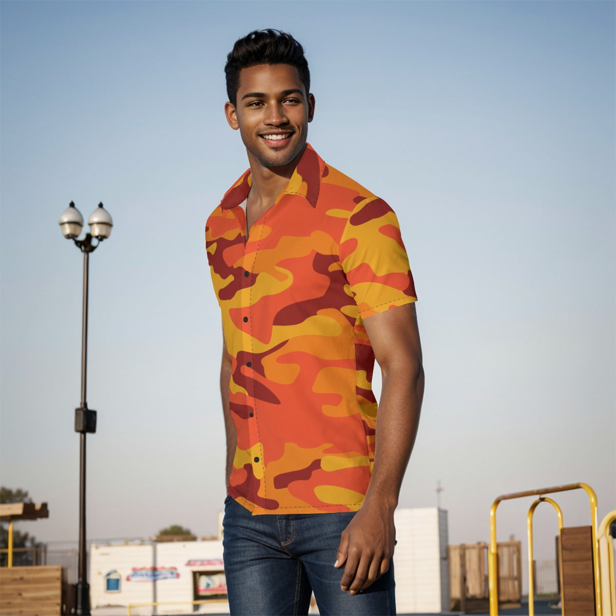 Men's Button-Up Shirt | Orange & Red Camo Print Camo Colors