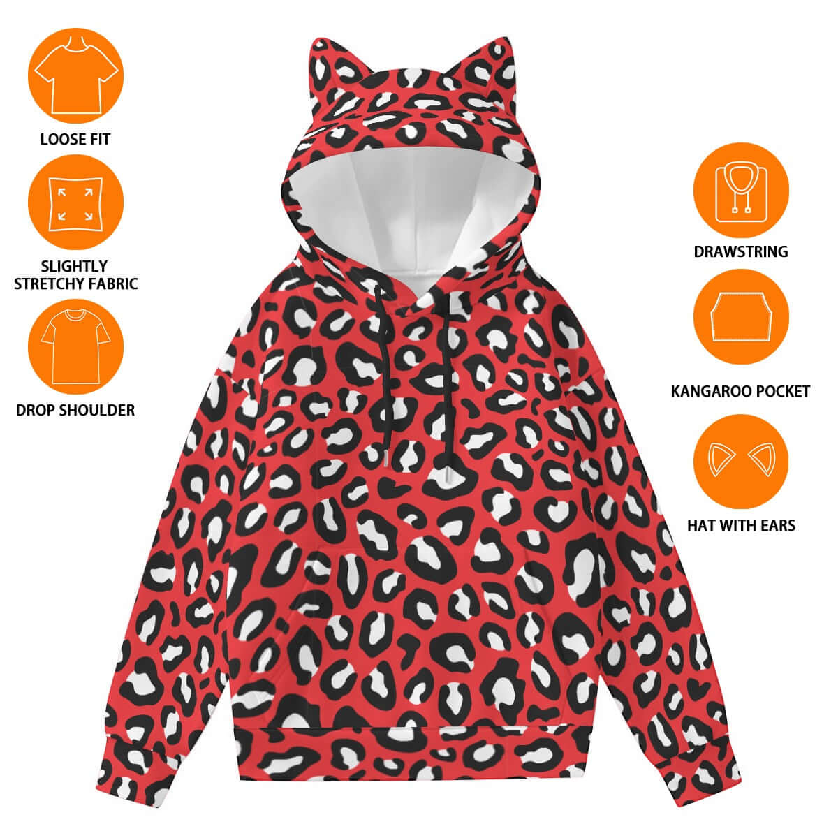 Leopard Hoodie With Cat's Ears | Red, Black and White Camo Colors