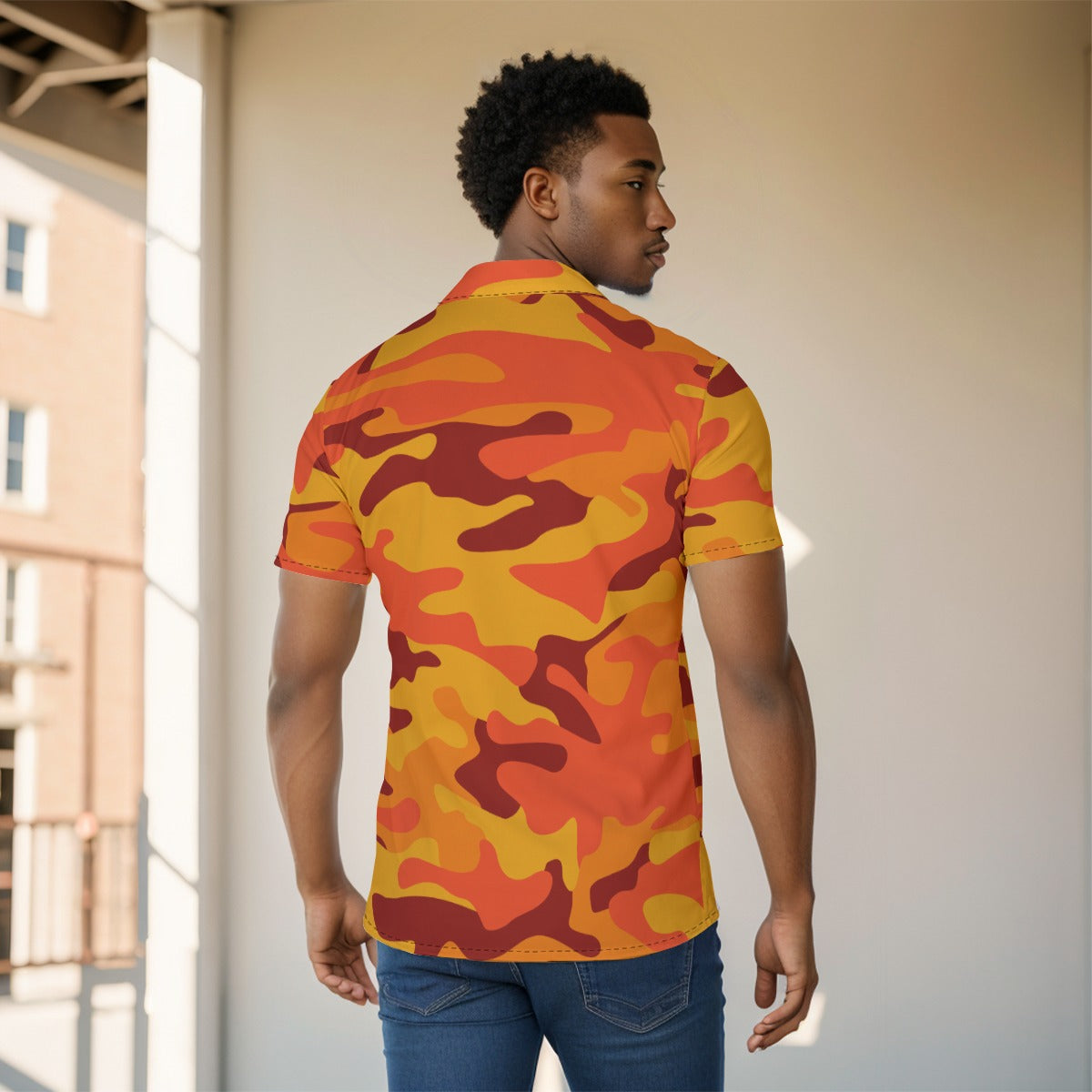 Men's Button-Up Shirt | Orange & Red Camo Print Camo Colors