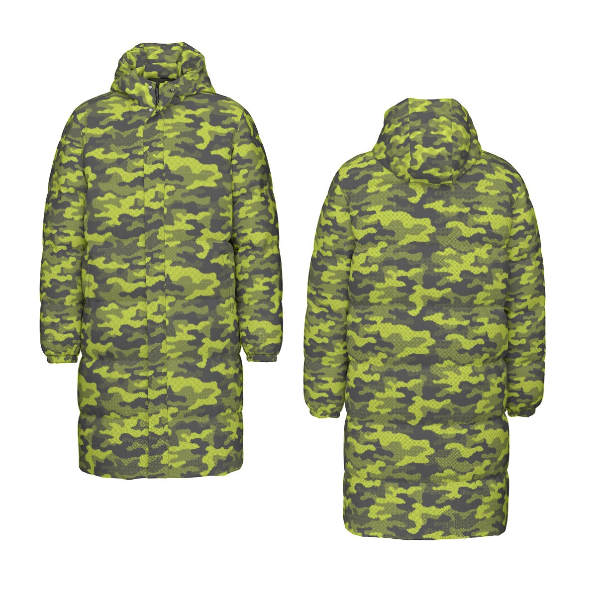 Long Puffer Coat | Unisex | Green Dotted Camouflage Camo Colors