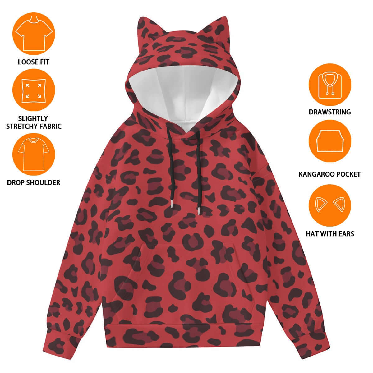 Leopard Hoodie With Cat's Ears | Red and Black Camo Colors