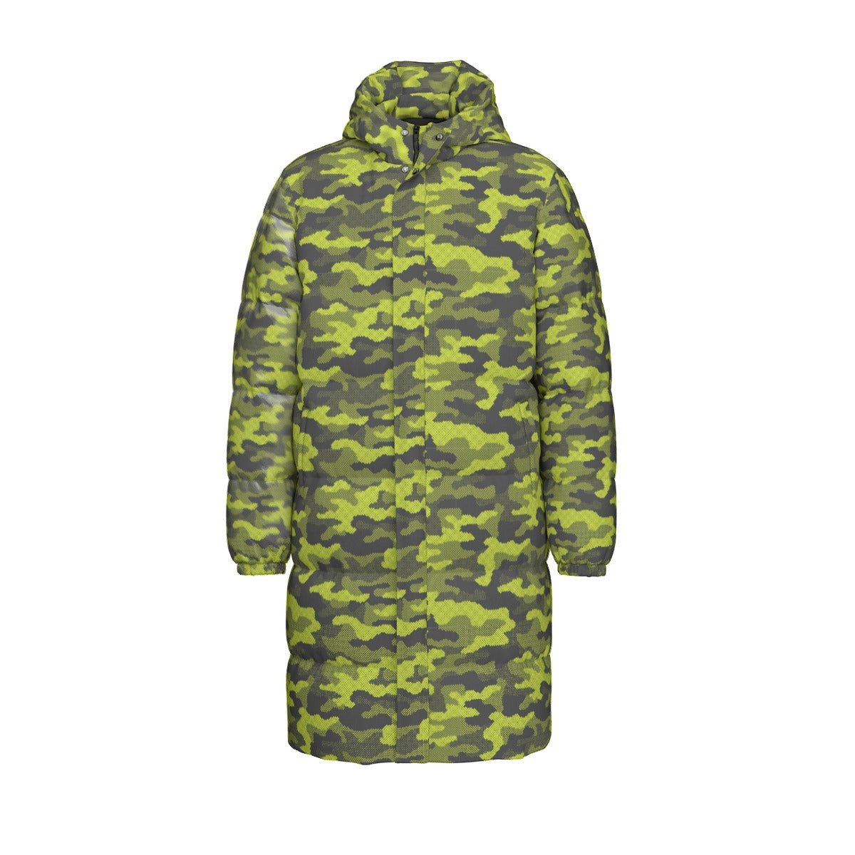 Long Puffer Coat | Unisex | Green Dotted Camouflage Camo Colors
