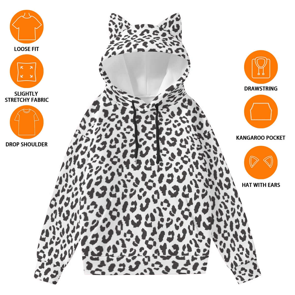 Leopard Hoodie With Cat's Ears | Black and White Camo Colors