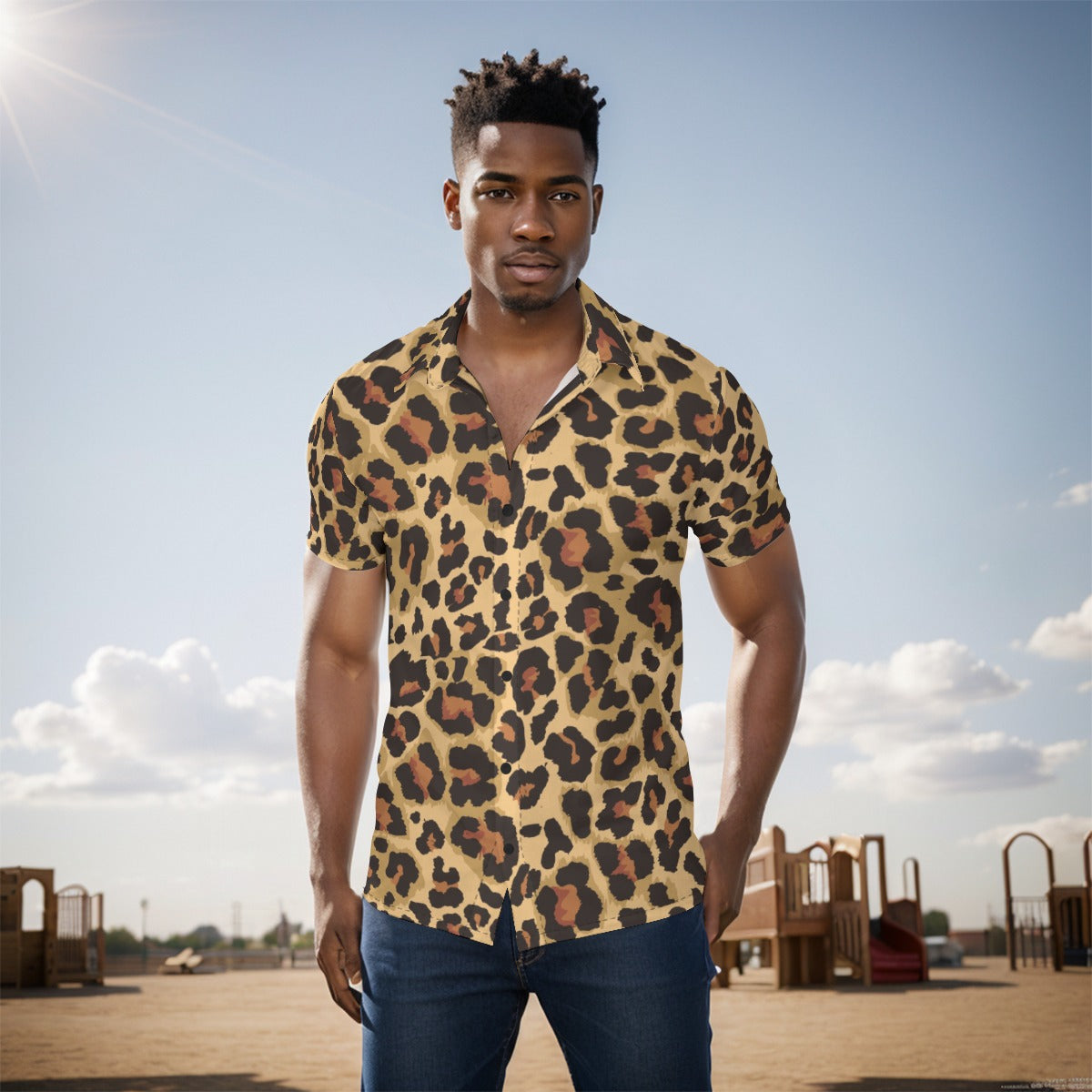 Men's Button-Up Shirt | Brown Leopard Print Camo Colors