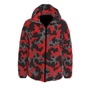 Down Jacket | Red, Black and Gray Camo Hooded Puffer Camo Colors