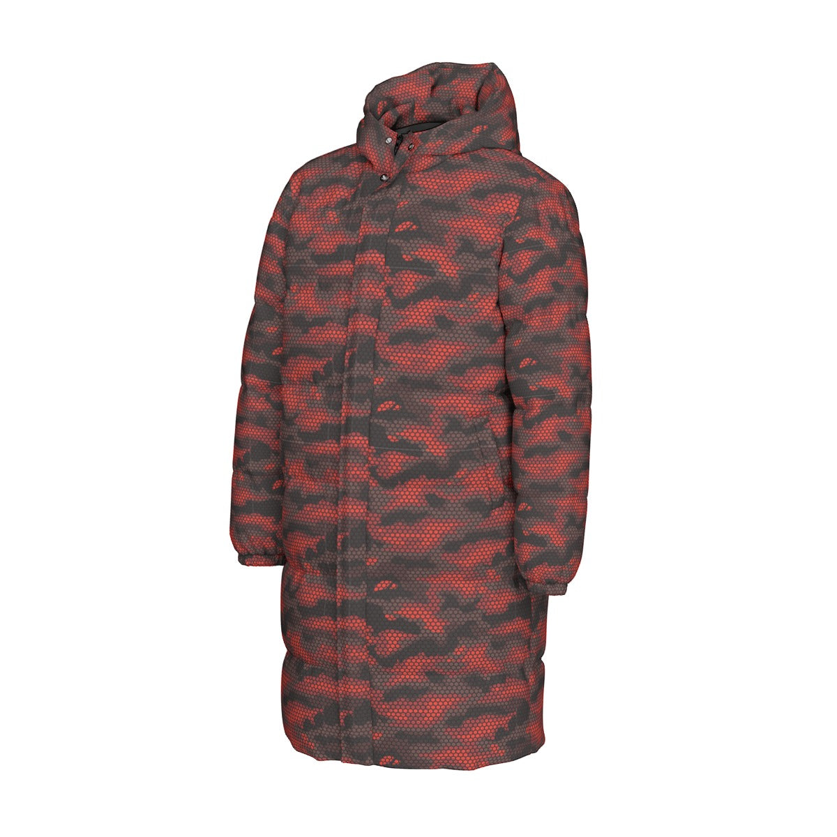 Long Puffer Coat | Unisex | Red Hive Camouflage Camo Colors