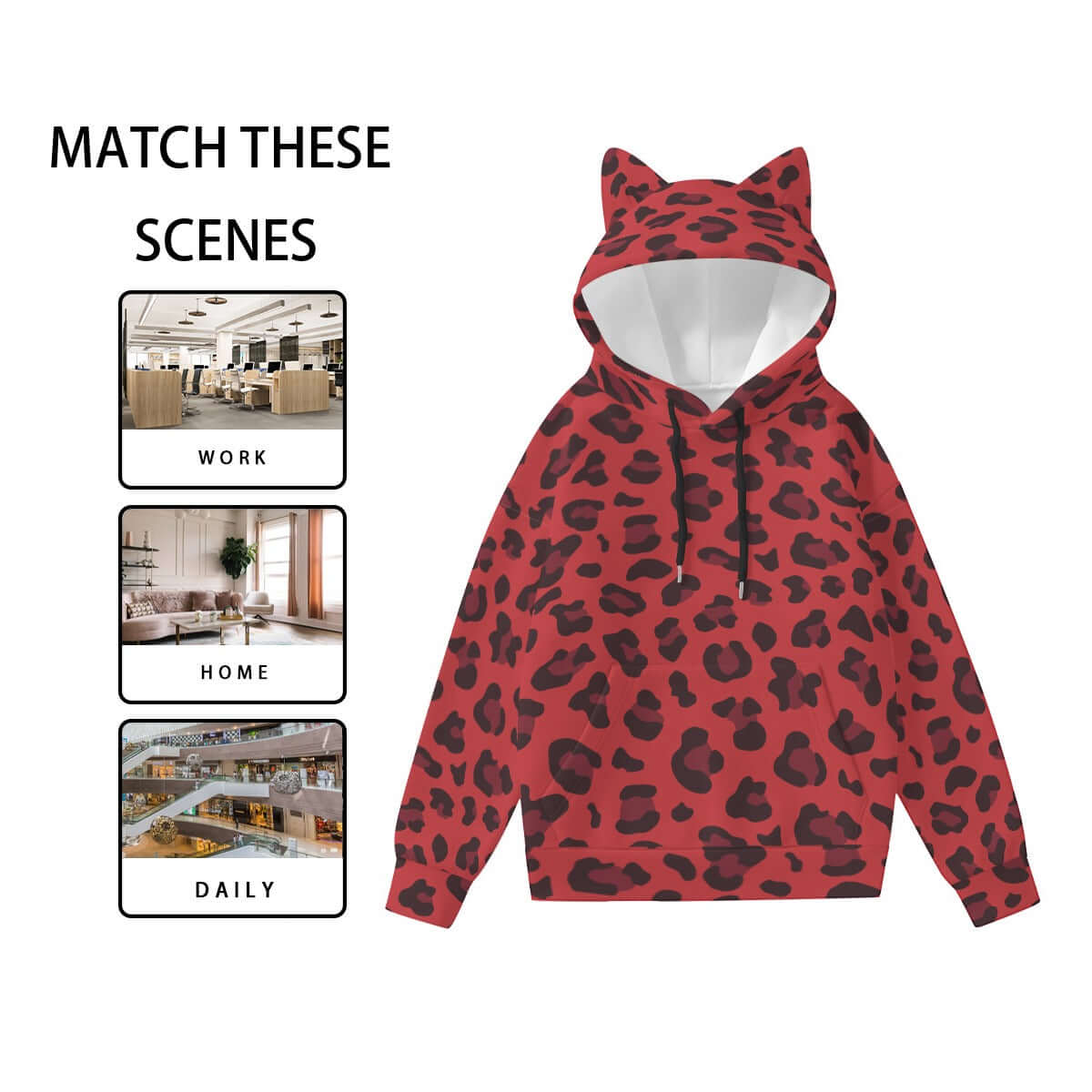 Leopard Hoodie With Cat's Ears | Red and Black Camo Colors