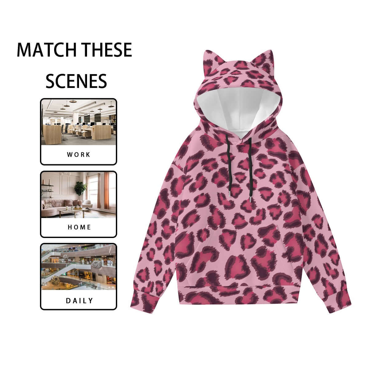 Leopard Hoodie With Cat's Ears | Pink, Cherry and Black Camo Colors