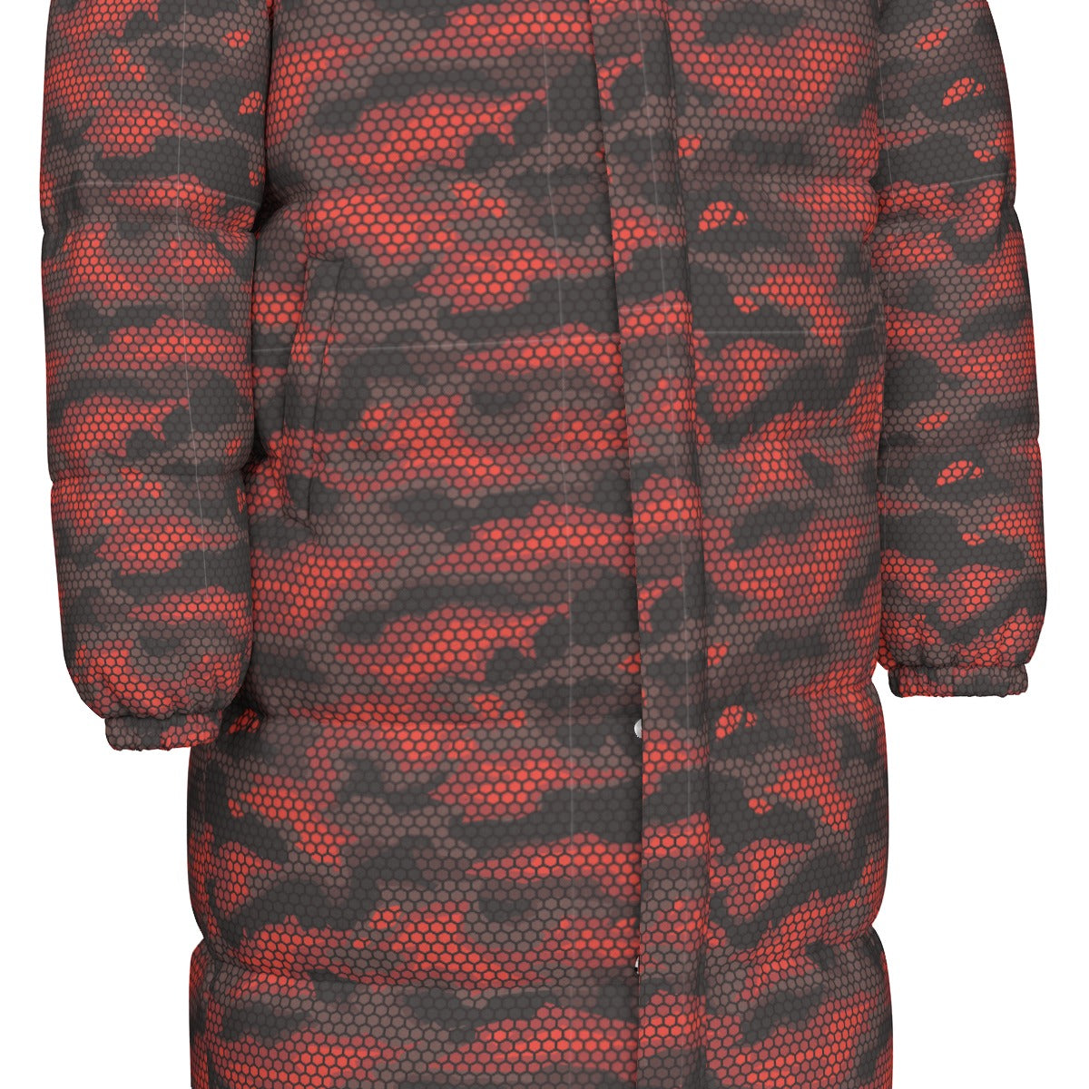 Long Puffer Coat | Unisex | Red Hive Camouflage Camo Colors