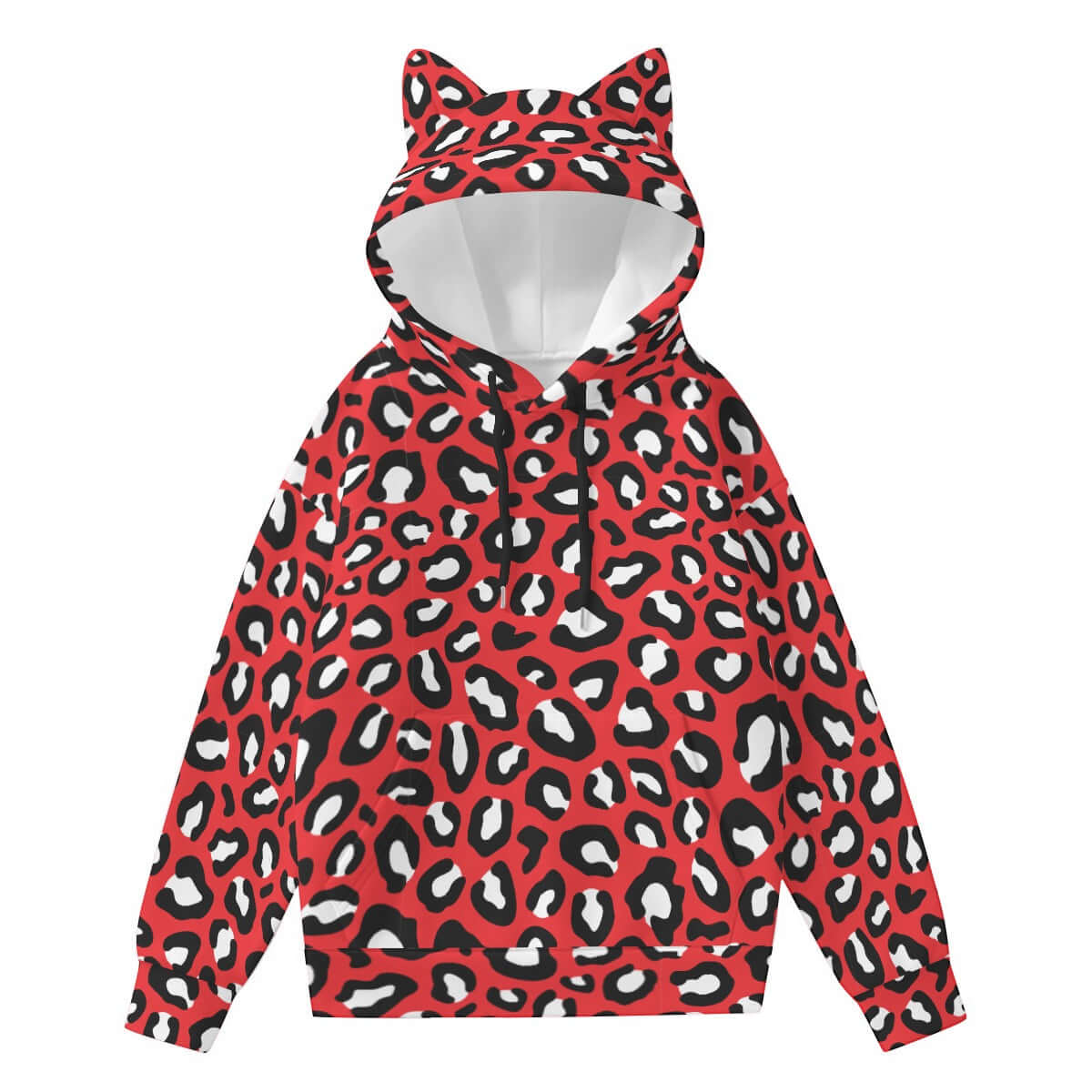 Leopard Hoodie With Cat's Ears | Red, Black and White Camo Colors