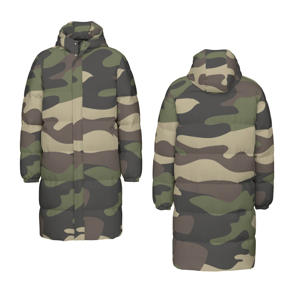 Long Puffer Coat | Unisex | Classic Green Camouflage Camo Colors