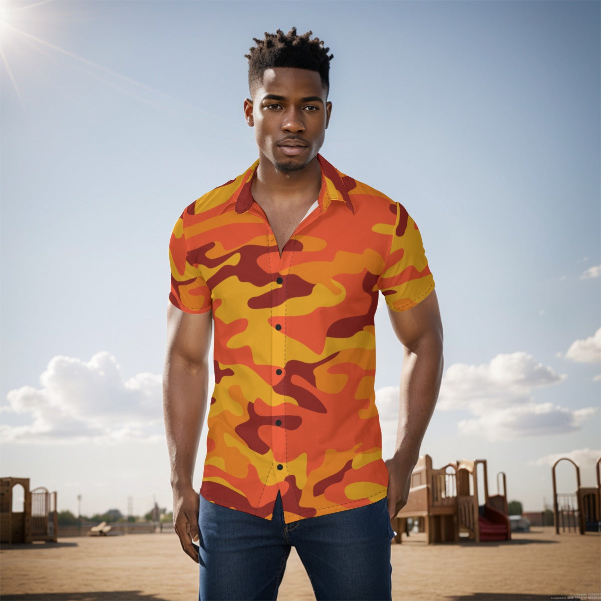 Men's Button-Up Shirt | Orange & Red Camo Print Camo Colors