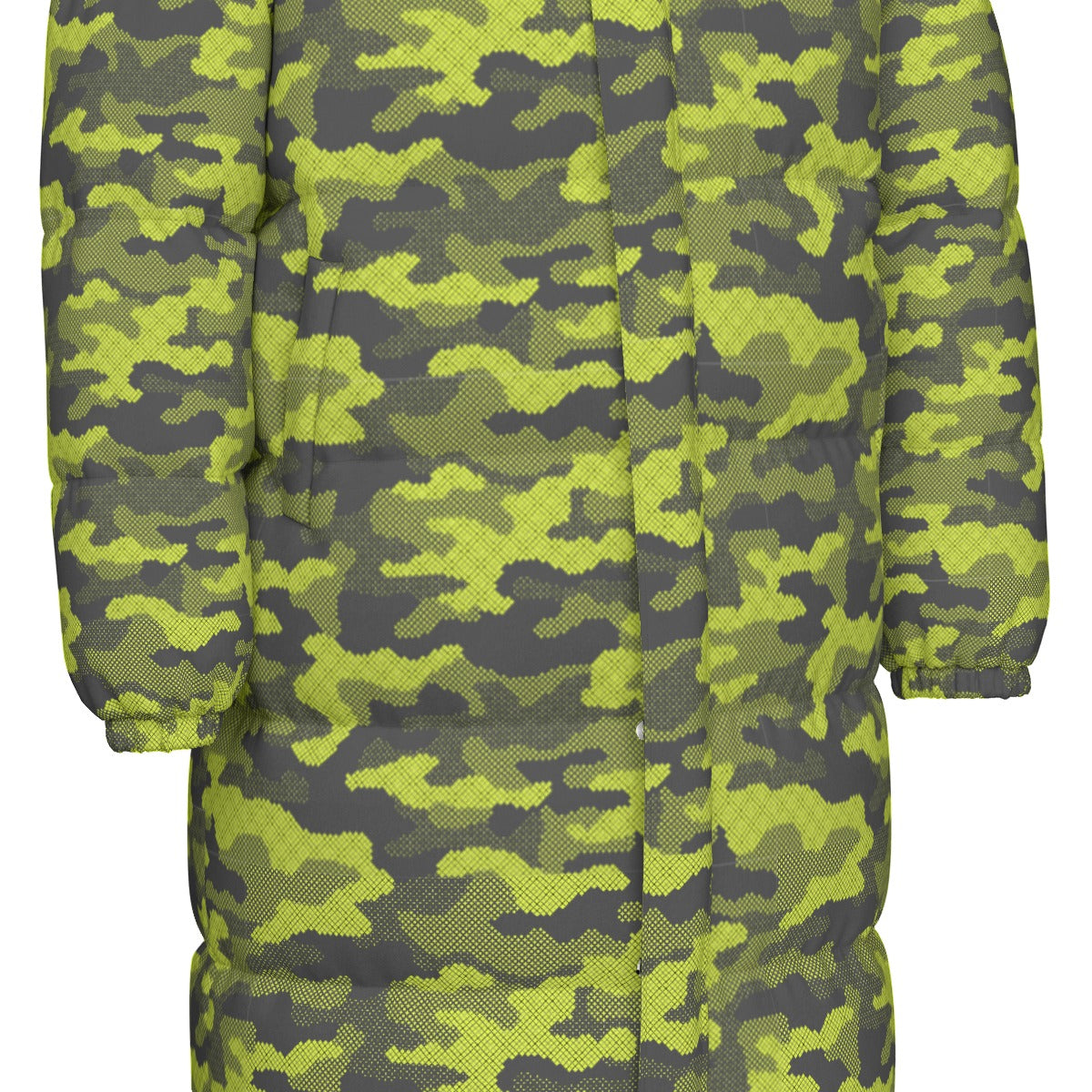 Long Puffer Coat | Unisex | Green Dotted Camouflage Camo Colors