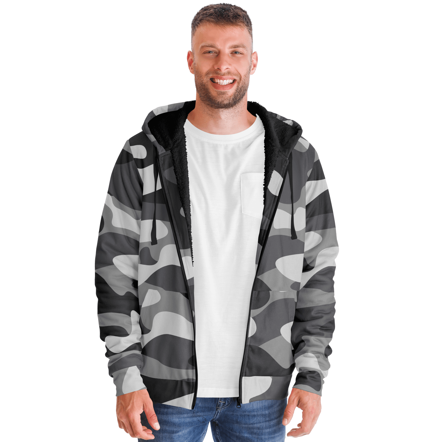 Microfleece Zip Camouflage Hoodie in Shade Of Grey Camo Colors