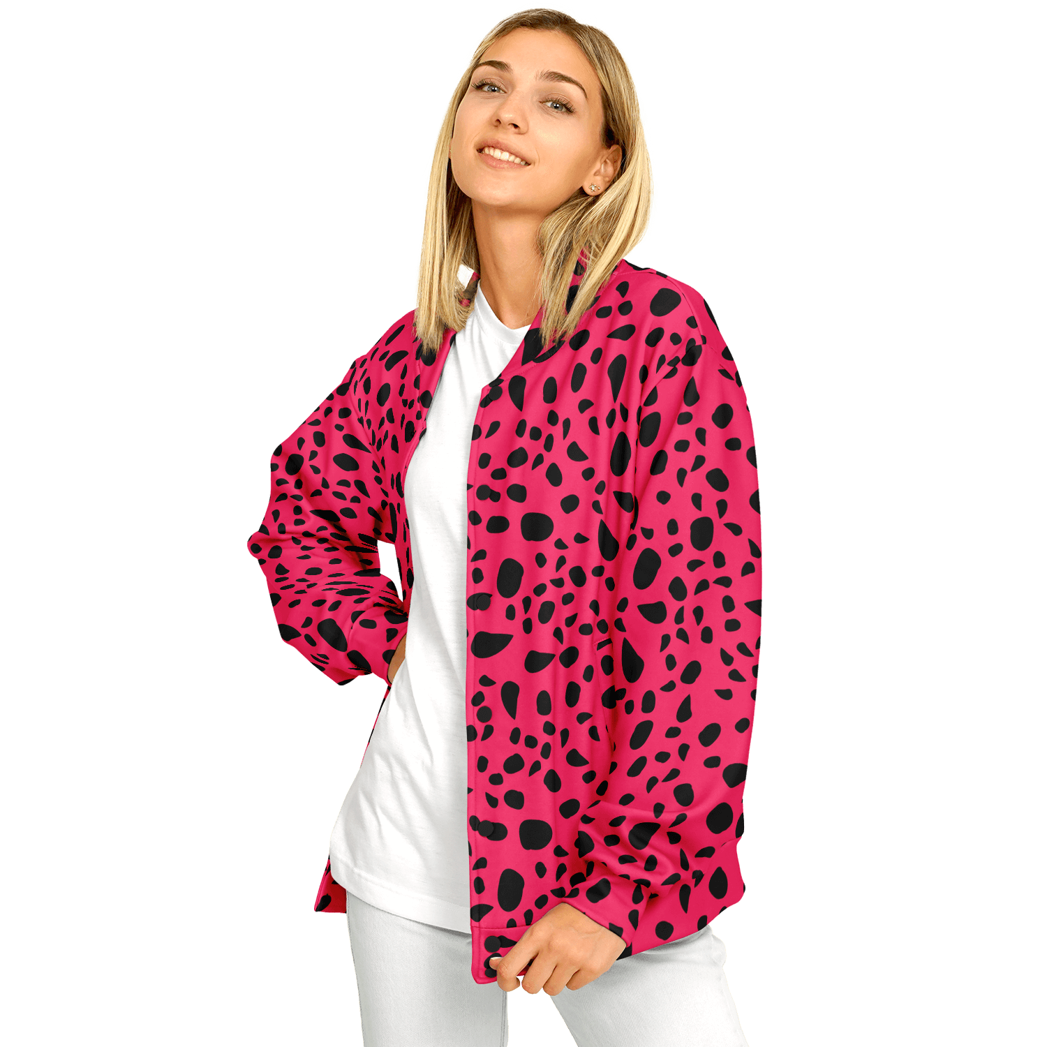 Baseball Jacket | Leopard Print in Pink and Black Camo Colors