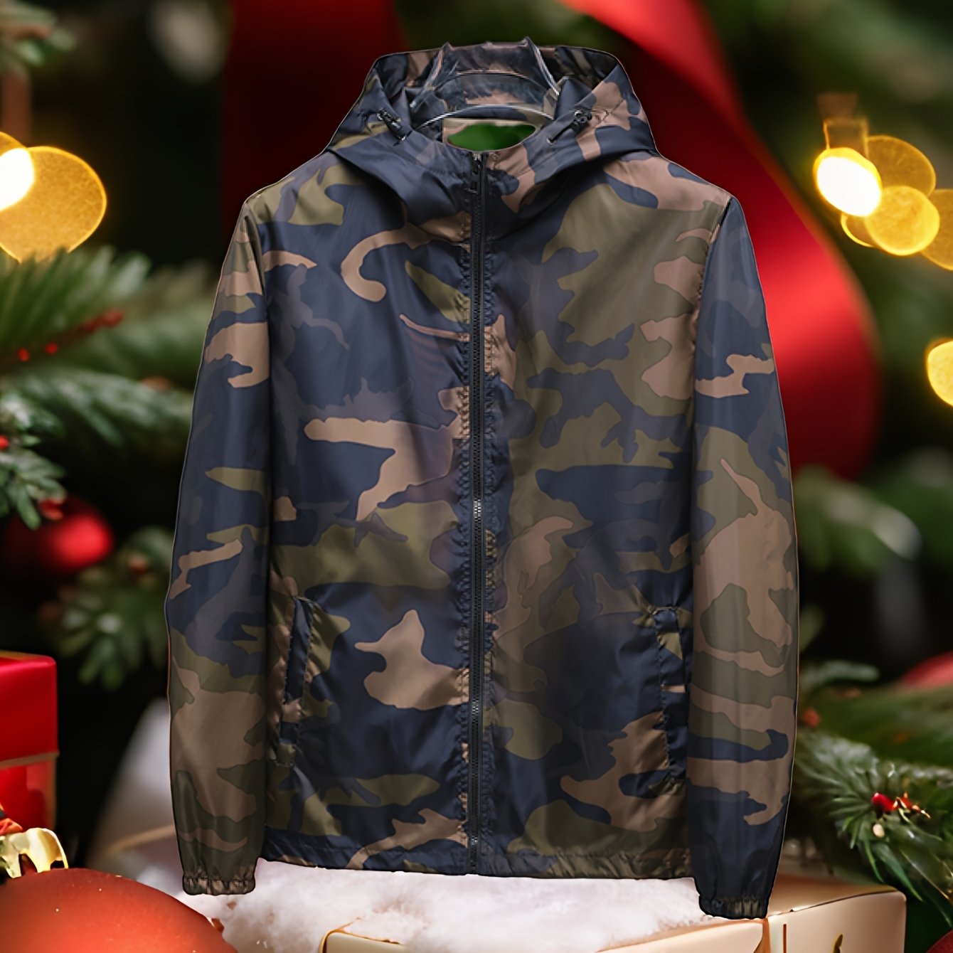 Men's Camo Hooded Jacket - Lightweight Polyester Zip-Up Camo Colors