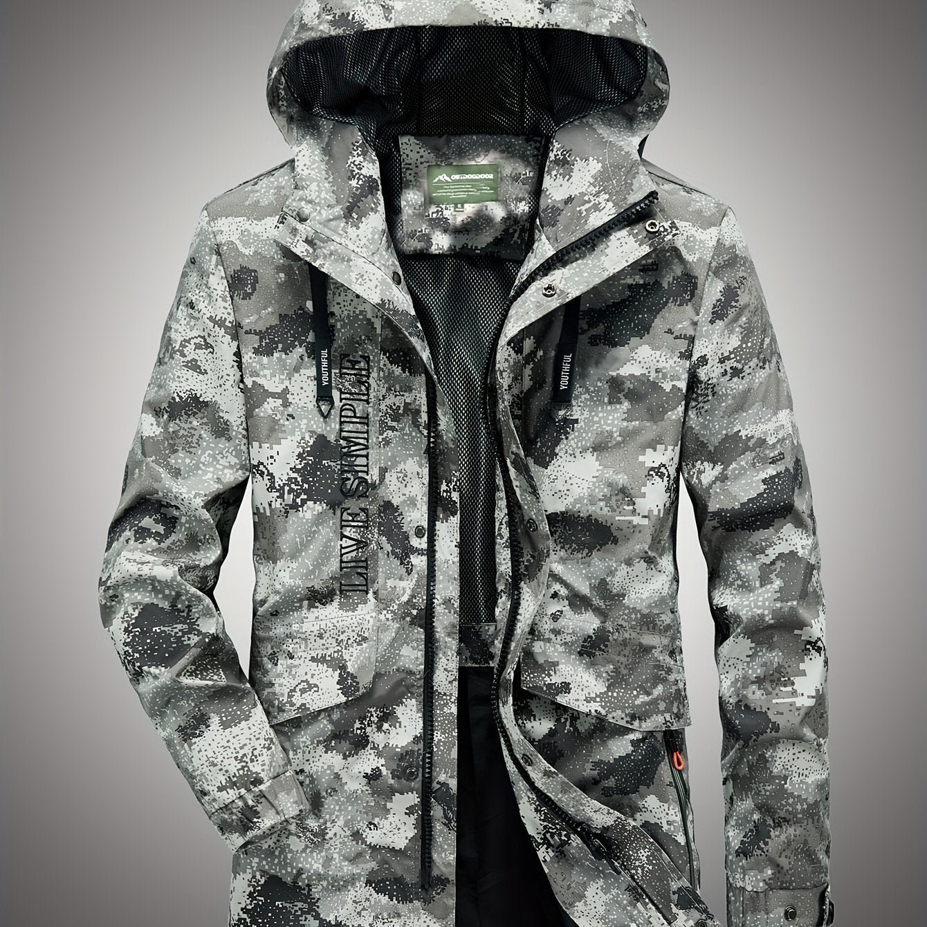 Men's Camo Hooded Windbreaker Jacket with Zip & Drawstring Camo Colors