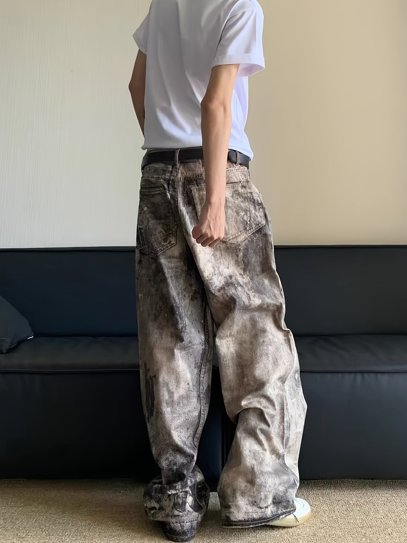 Camo Splatter Print Distressed Low-Rise Wide-Leg Jeans | Cotton Blend Camo Colors