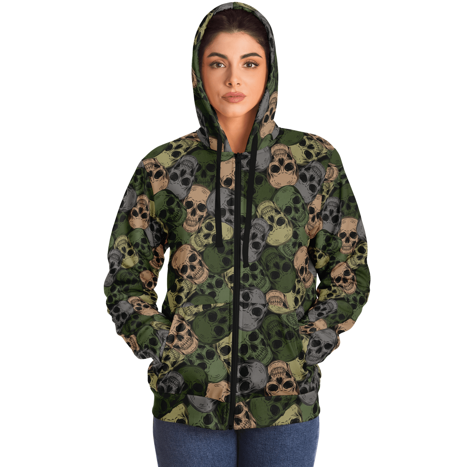 Microfleece Zip Hoodie | Green & Gray Skulls Camouflage Camo Colors