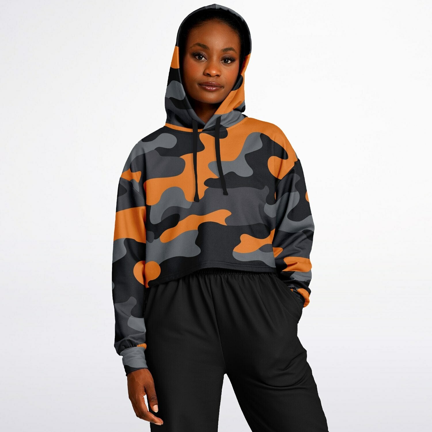 Cropped Hoodie For Women | Orange, Gray & Black Camouflage Camo Colors