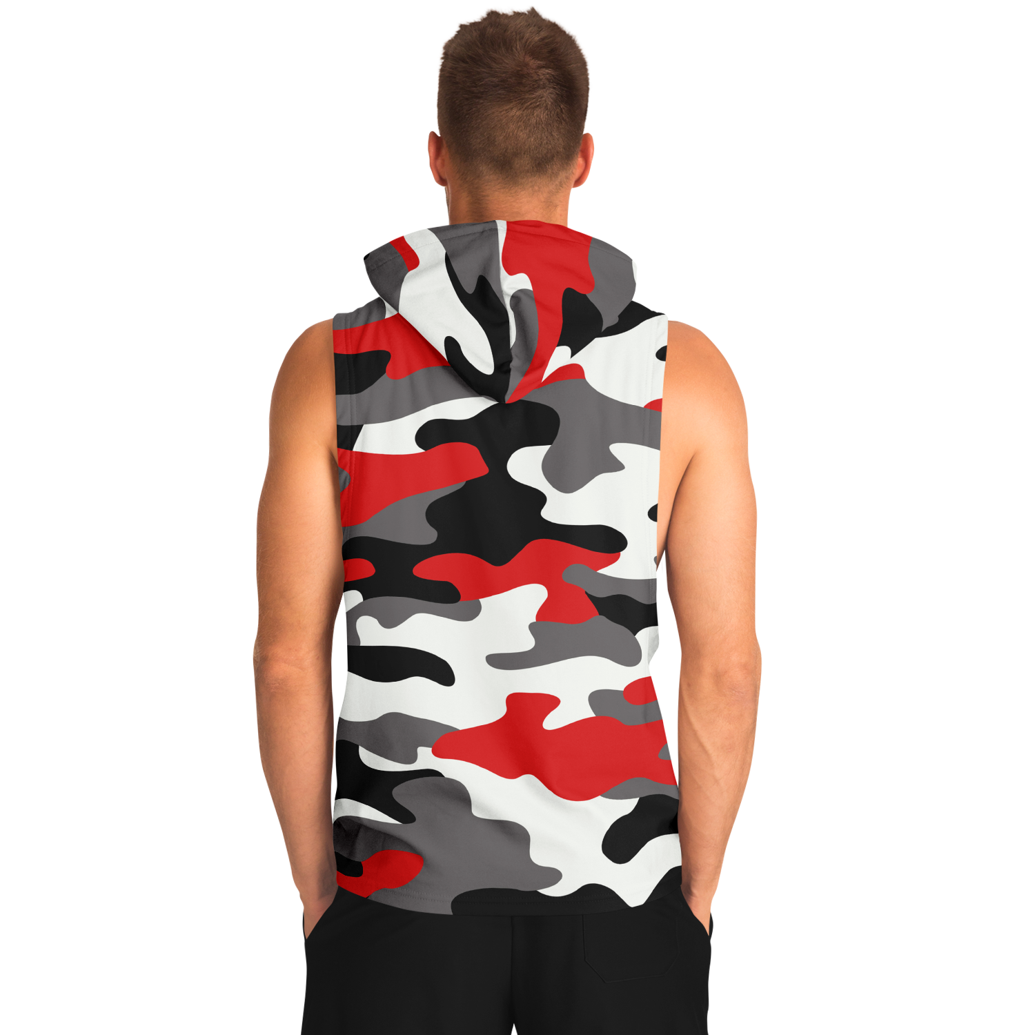 Sleeveless Hoodie |Red, Black, and White Camouflage Camo Colors