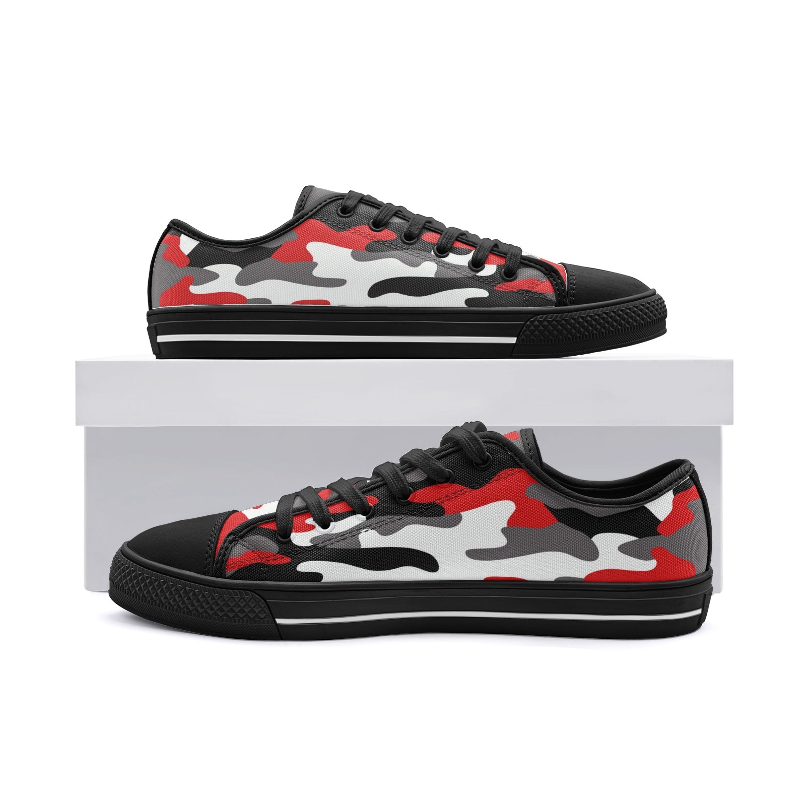 Camo Shoes | Low Top Canvas | Red, Black, and White Camo Colors