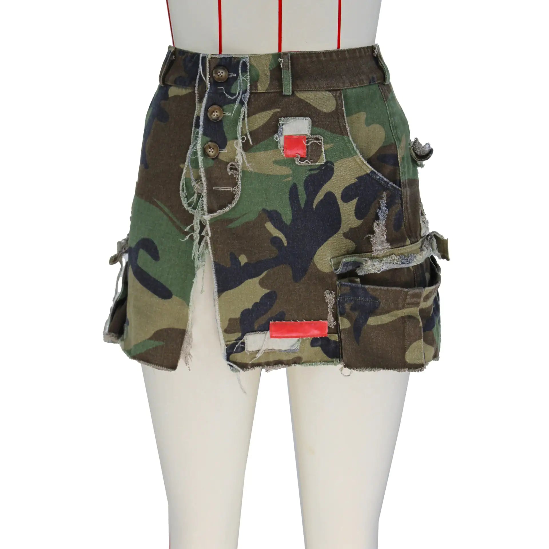Patched Open Fire Distressed Camo Mini Skirt Camo Colors
