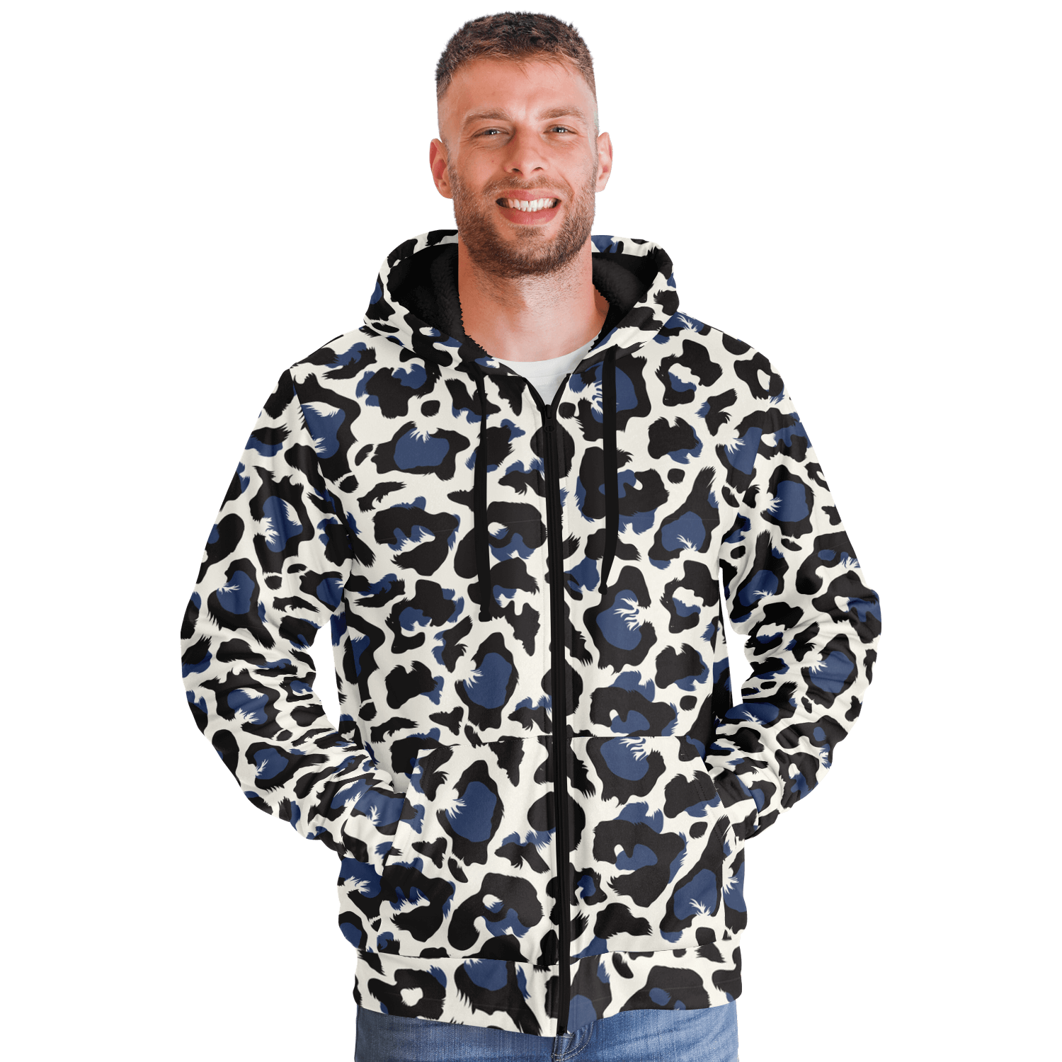 Microfleece Zip Hoodie | Leopard Print in White, Green & Blue Camo Colors