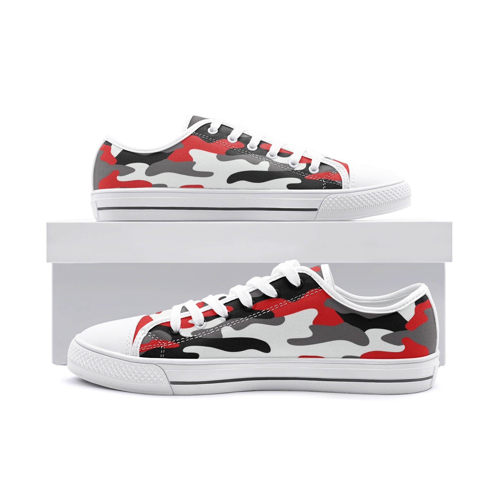 Camo Shoes | Low Top Canvas | Red, Black, and White Camo Colors
