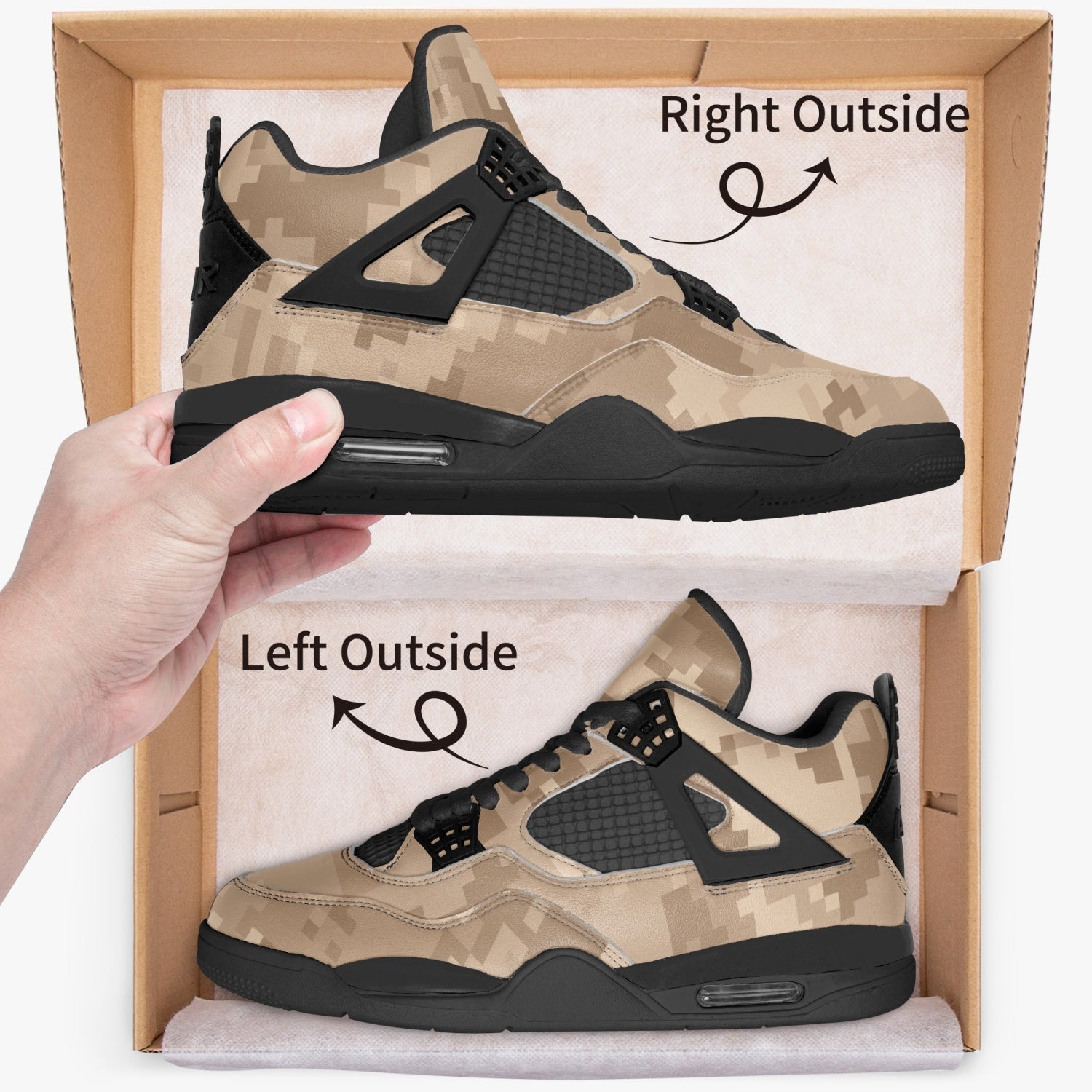 Camo Jordans AJ4 | Brown Pixel | Black Sole Camo Colors